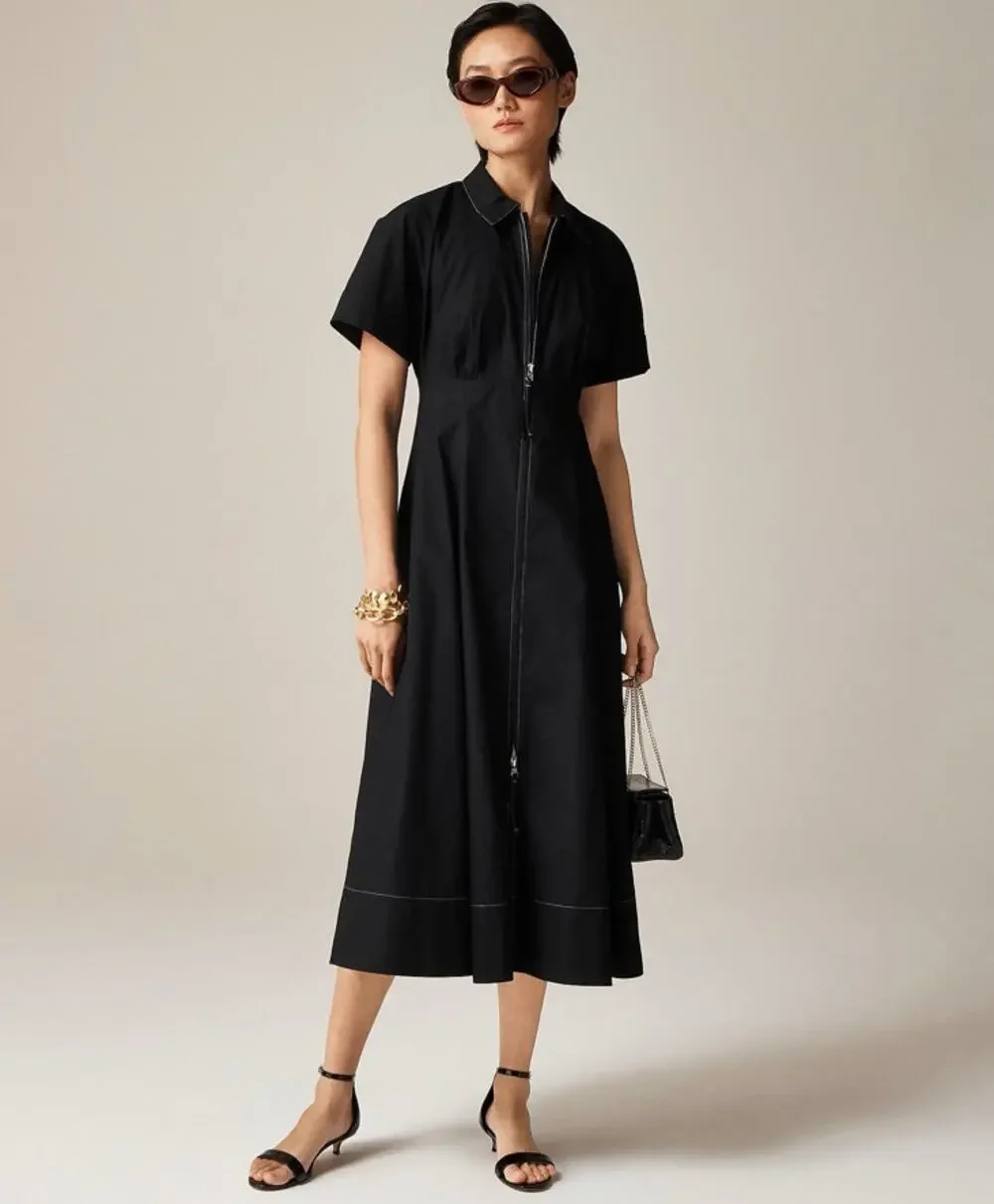J.Crew Zip Up Shirtdress Womens 6 Black Midi Short Sleeve A-Lined Cotton Poplin